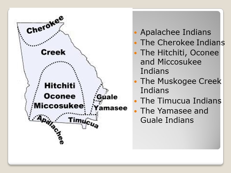 Apalachee Indians The Cherokee Indians The Hitchiti, Oconee and Miccosukee Indians The Muskogee Creek
